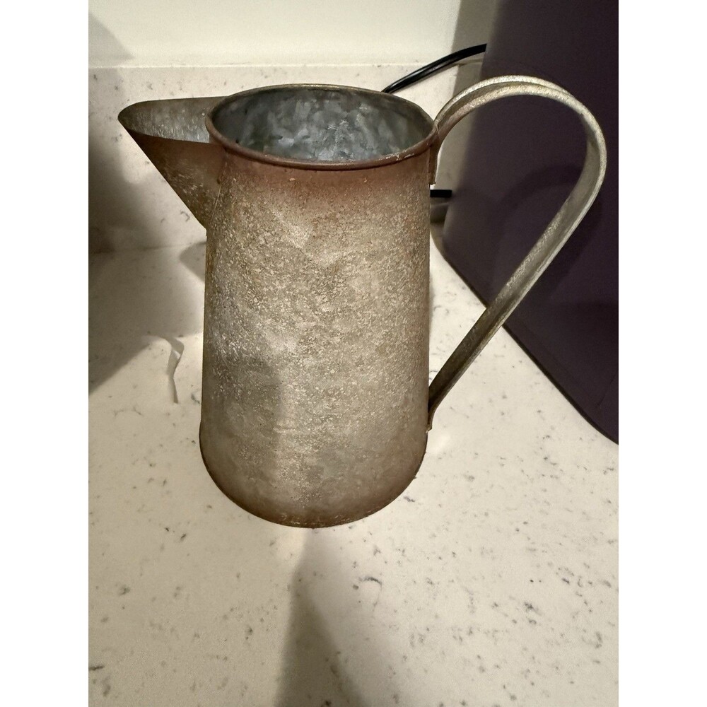 Galvanized Metal Pitcher 1 qt Silver Round Jug w/ Handle & Pour Spout